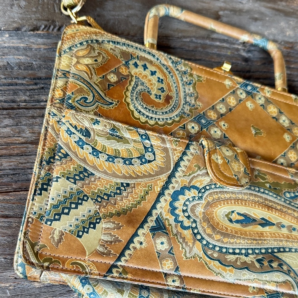 Morris Moskowitz vintage leather kiss‎ lock painted paisley mini satchel
